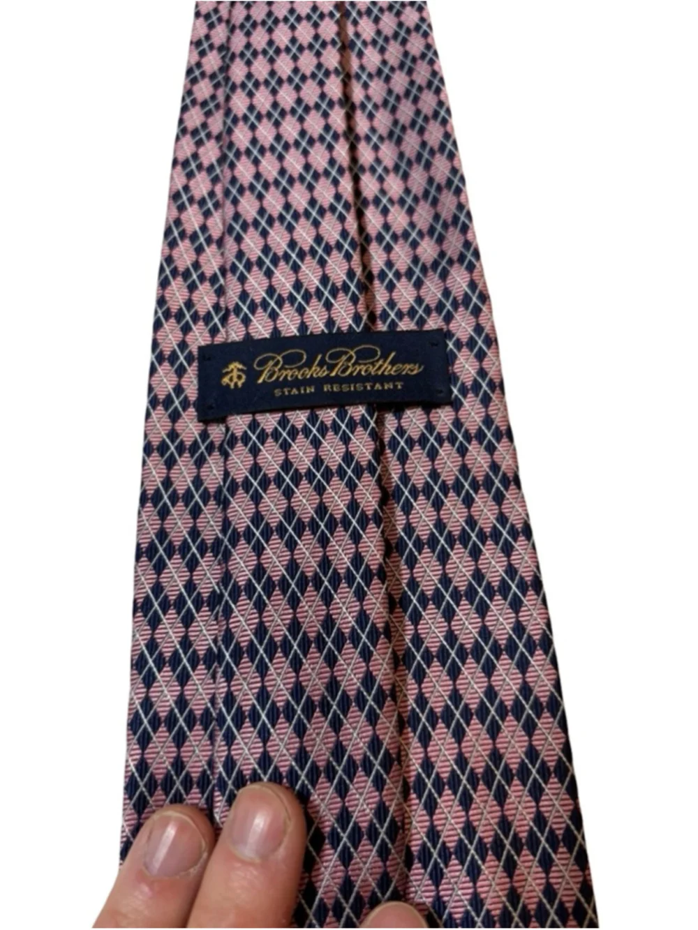 Brooks Brothers Silk Tie Pink Navy Geometric Diamond Pattern Made USA Italy